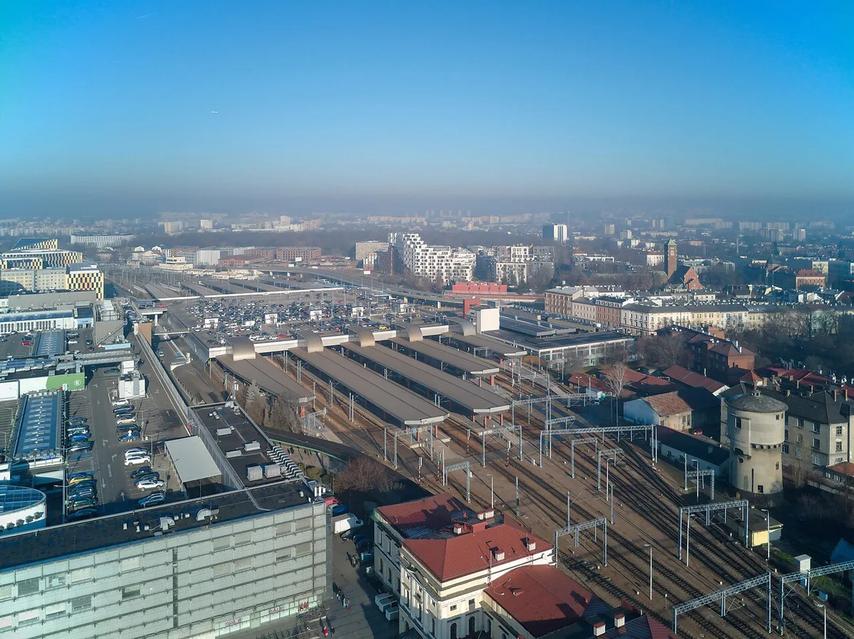 Kraków Główny train station  aerial view 2025. Kraków  Poland — 2