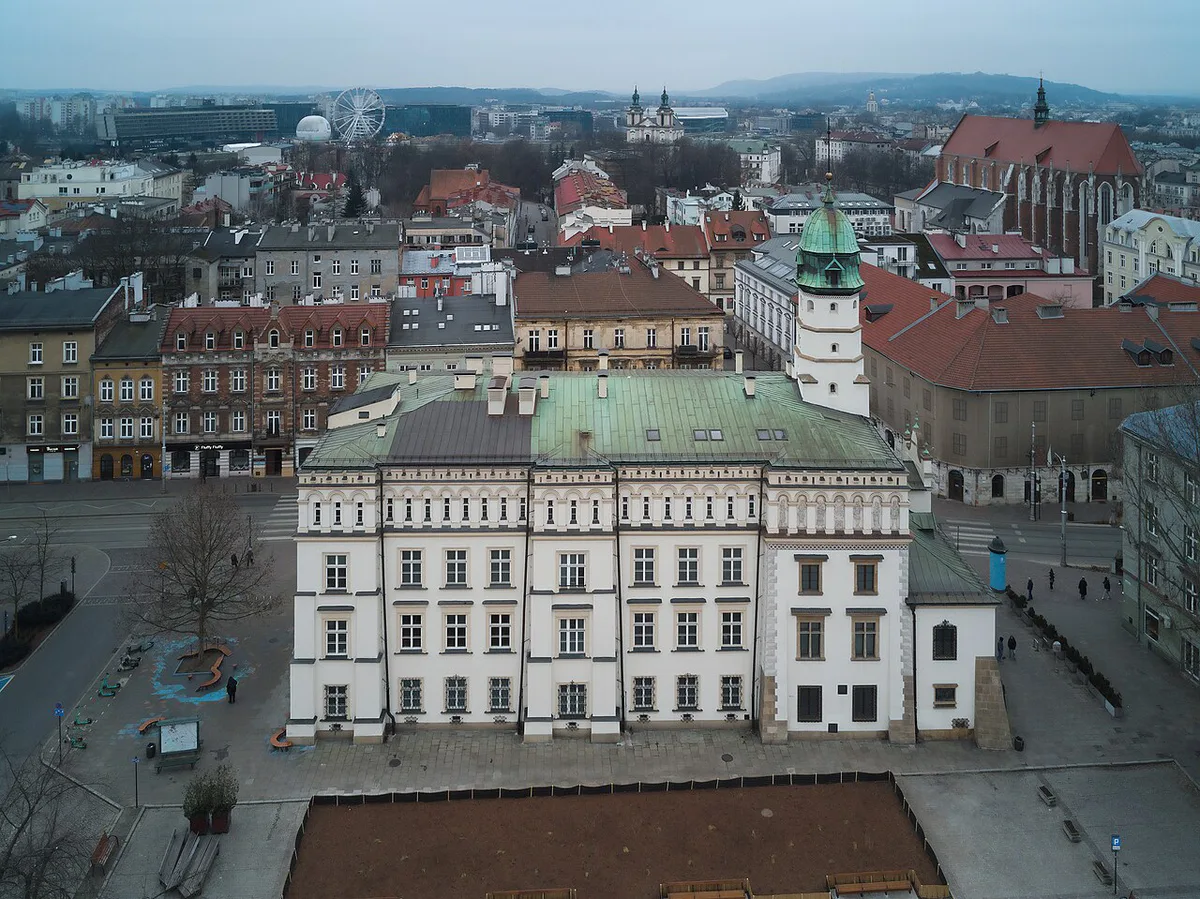 City Hall of the former City of Kazimierz 1 Wolnica square aerial view from the north 2025 Kazimierz Kraków Poland — 1